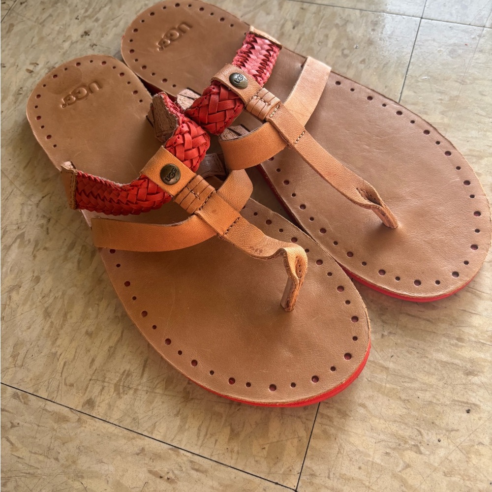UGG Tan and Red Leather Sandals